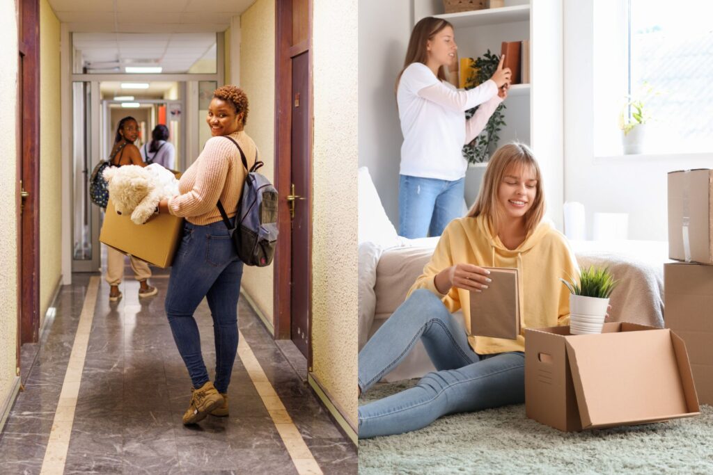 Left: A female college student walks down the hallway with a box containing a teddy bear, while two other women are ahead. Right: A female college student unpacks a box on the floor, and another places books on a shelf, showcasing an Orlando college house rental.