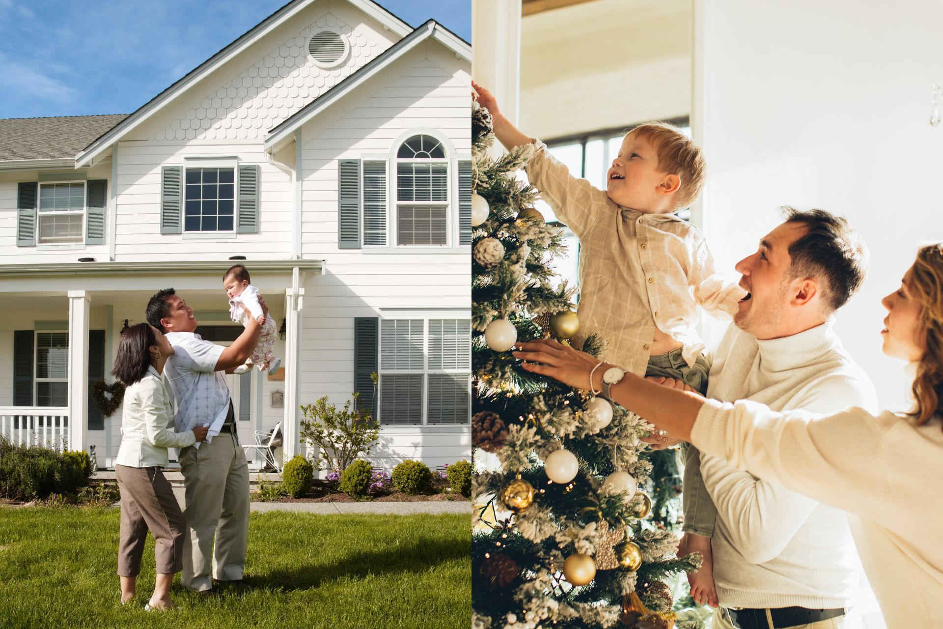 Family enjoying life at home, symbolizing the best time to find tenants in Orlando. Left: outside their white suburban house. Right: decorating a Christmas tree.